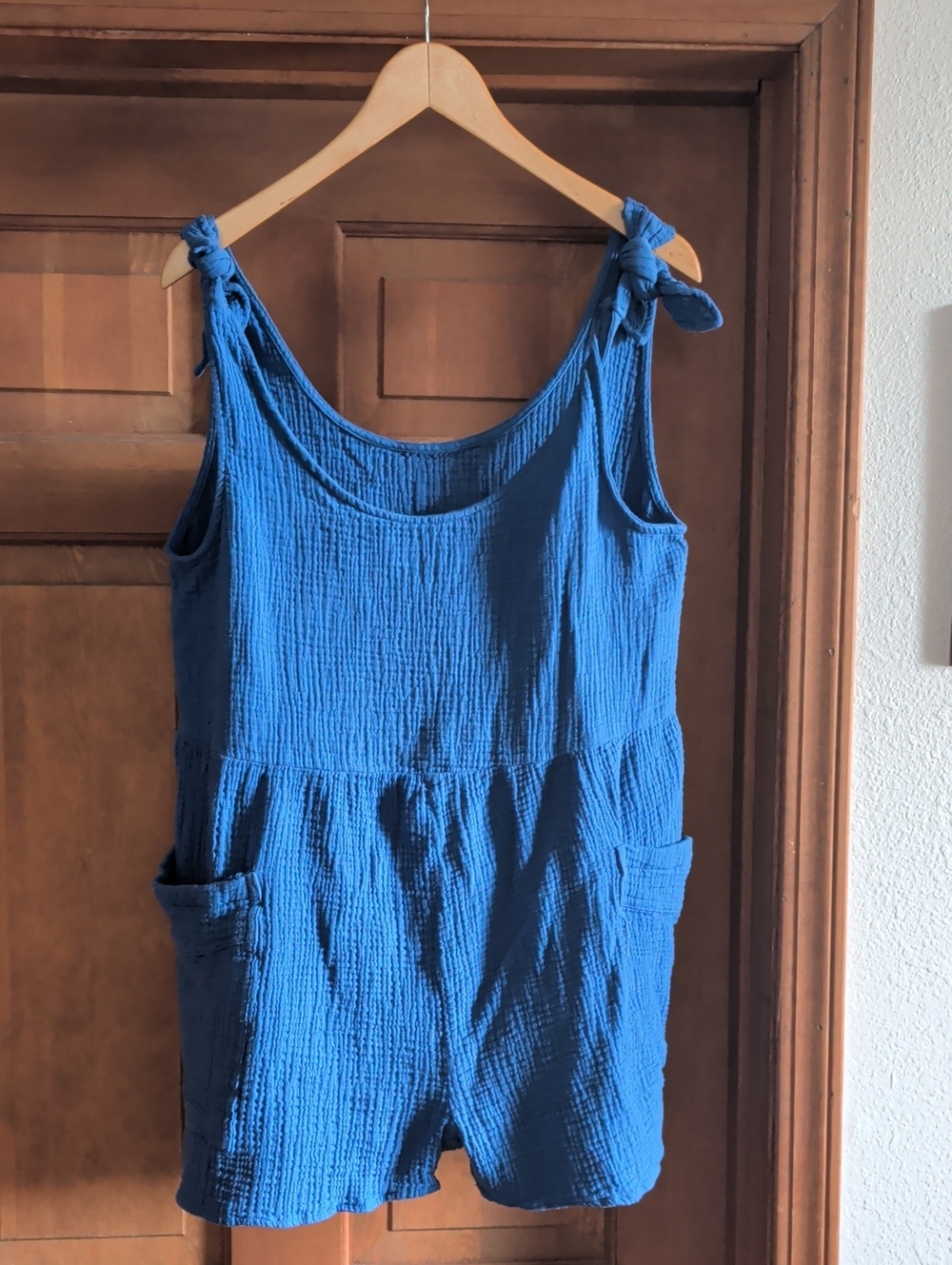 Women's Muslin Blue Knot-Shoulder One-Piece Romper